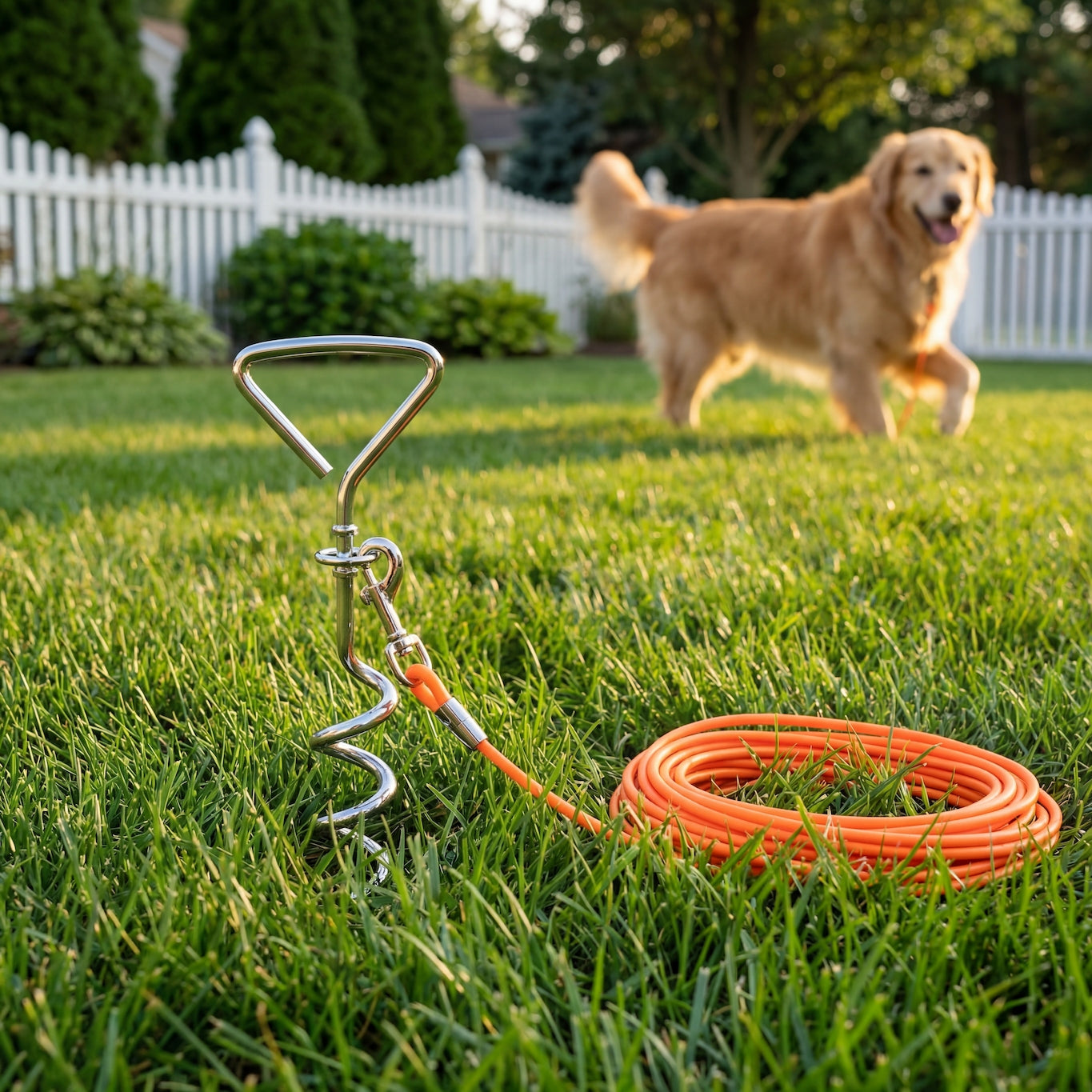 Orange spiral ground stake dog tie-out with coiled leash rope and metal swivel clip