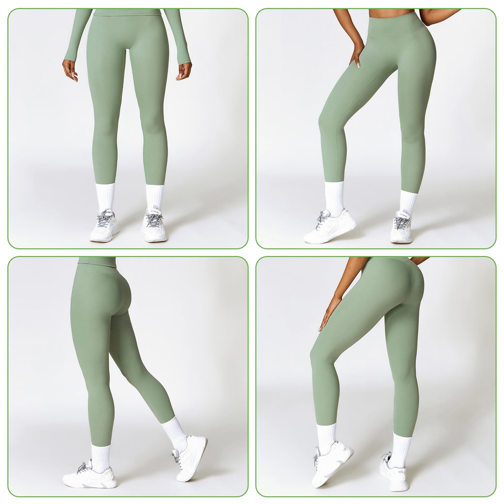 High-waist workout leggings in sage green, full-length leggings with white sock cuffs