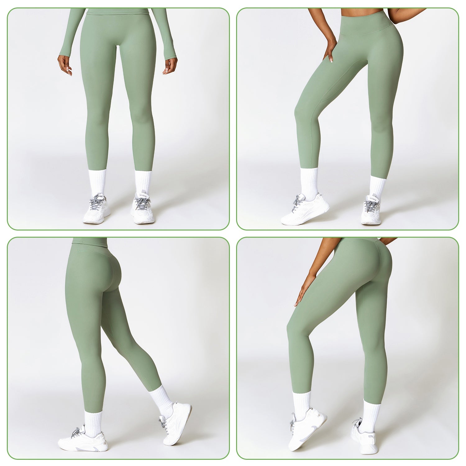 High-waist workout leggings in sage green, full-length leggings with white sock cuffs