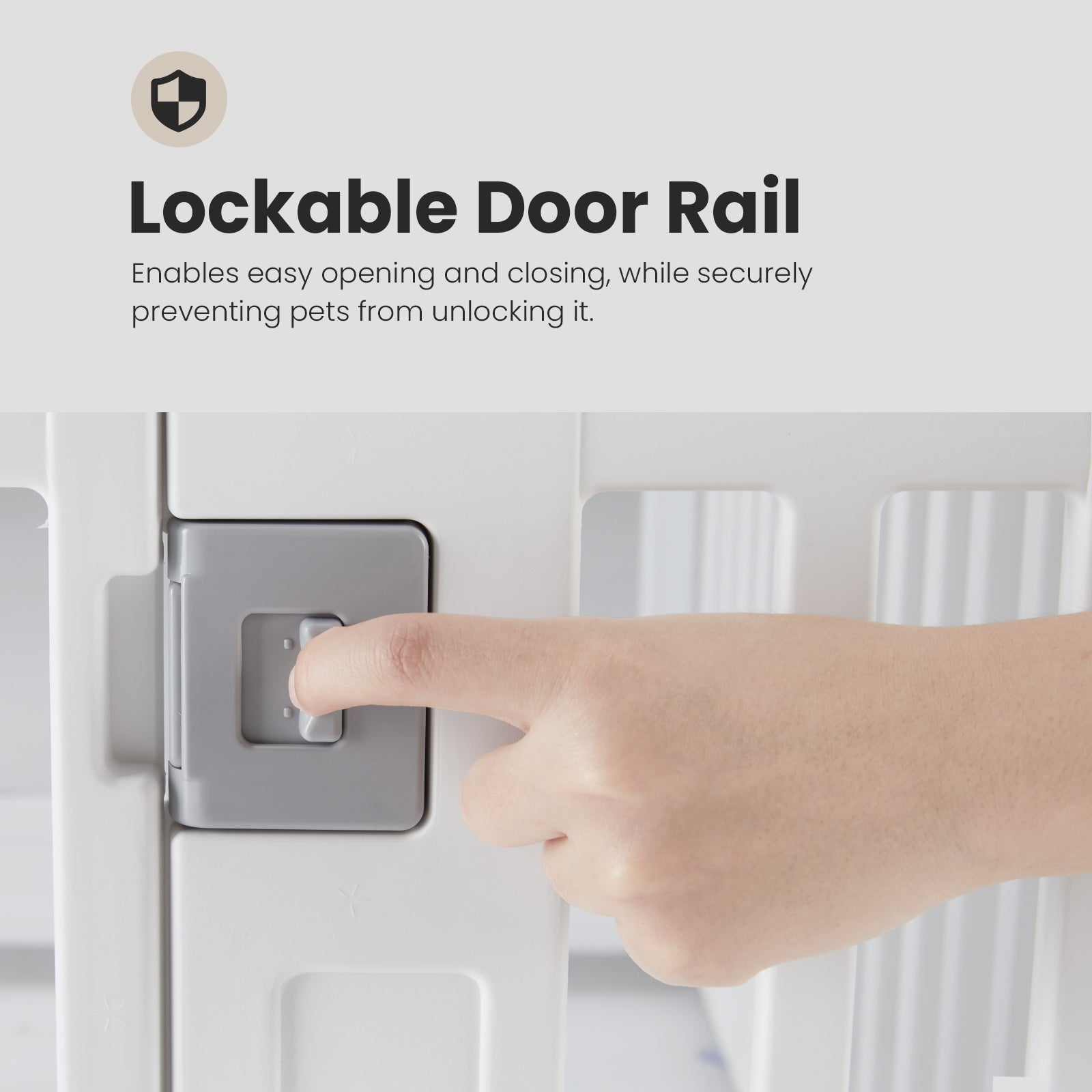 Lockable door rail on black 4-panel dog playpen fence with hand operating latch