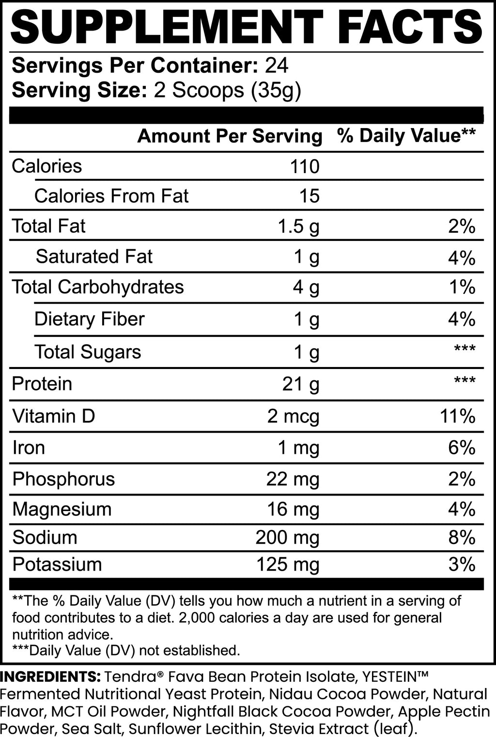 Supplement Facts panel: 21 g protein per serving for chocolate plant protein powder