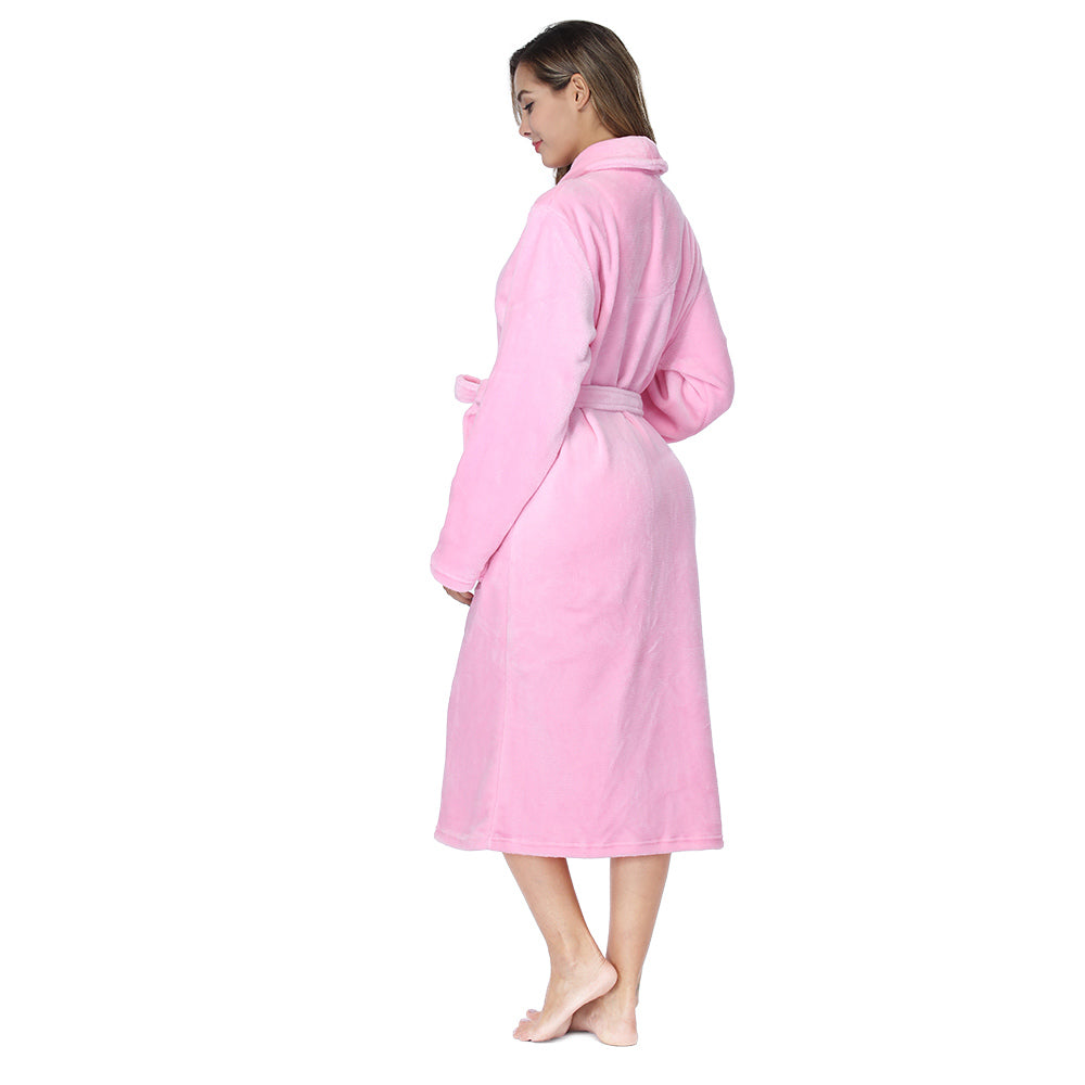 Light pink bathrobe side view, long sleeves with belt tied at the waist