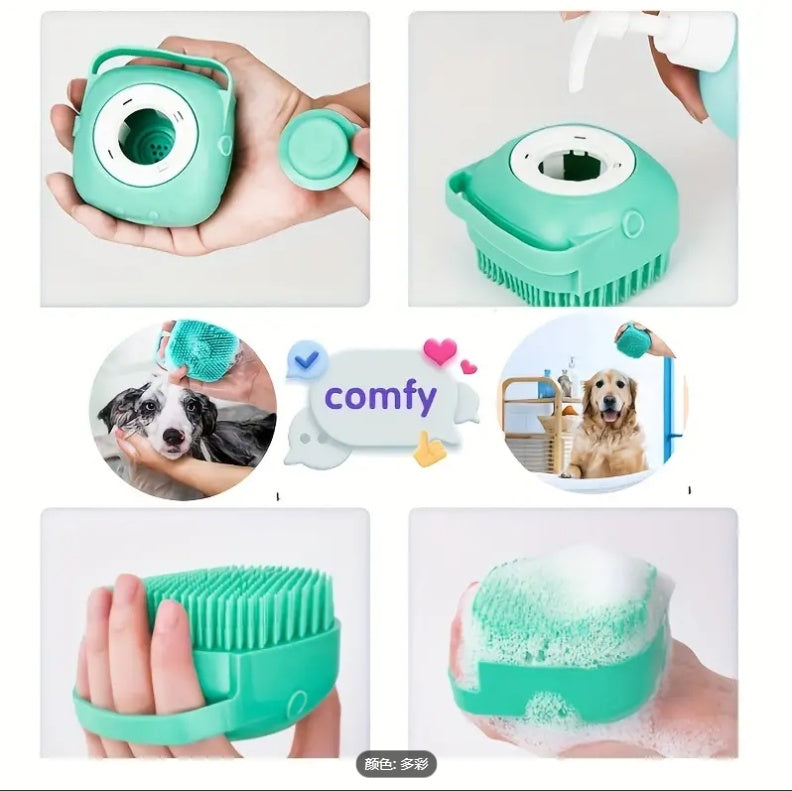 Teal self-cleaning pet brush with round cleaning opening and textured bristle head