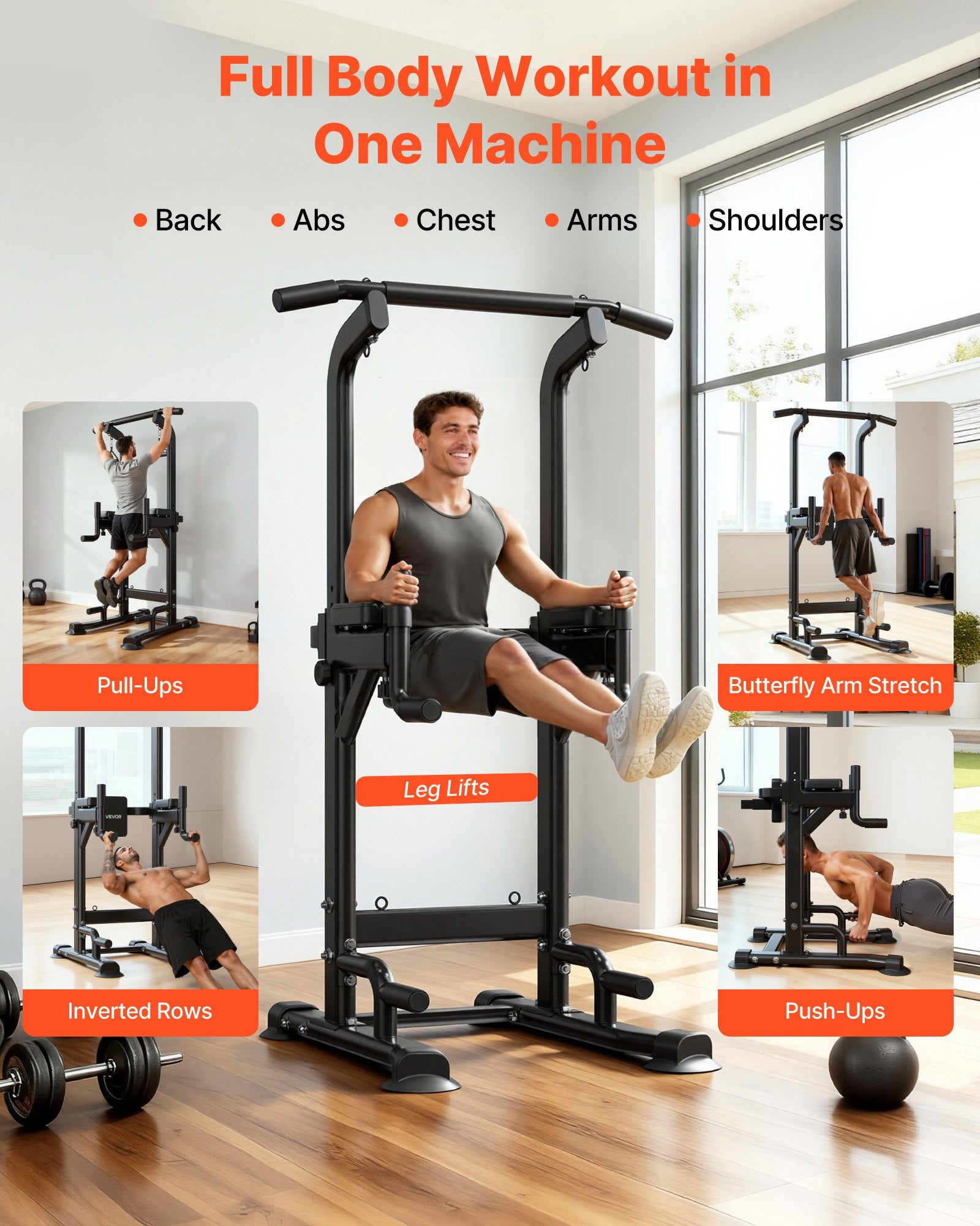 Adjustable power tower dip station with overhead pull-up bar and foot supports