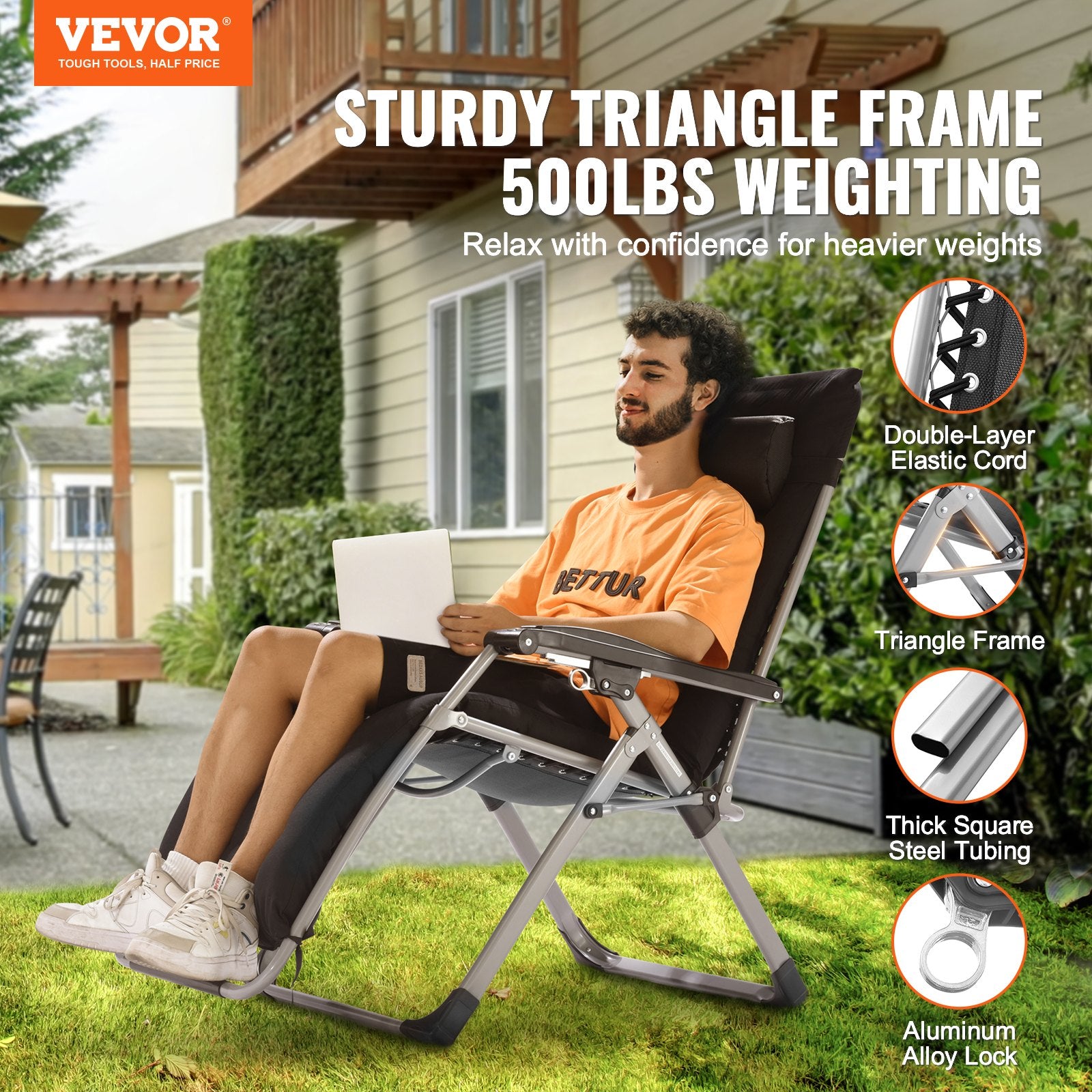 Black padded zero-gravity recliner with thick cushions and triangular steel frame, outdoor view.