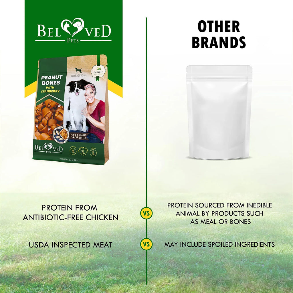 Peanut butter & cranberry dog bones chew bag next to a plain white pouch