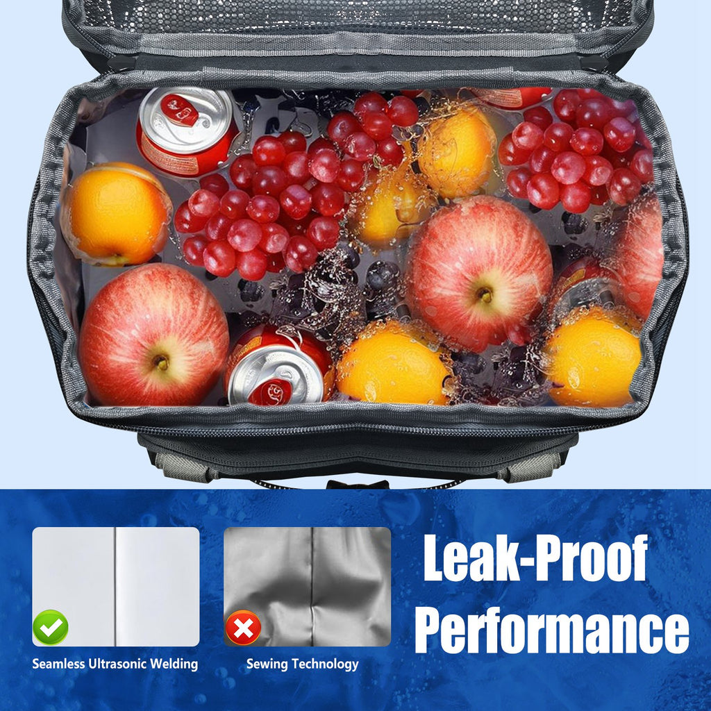 Black insulated cooler bag interior with sealed fruits and cans inside leakproof lining
