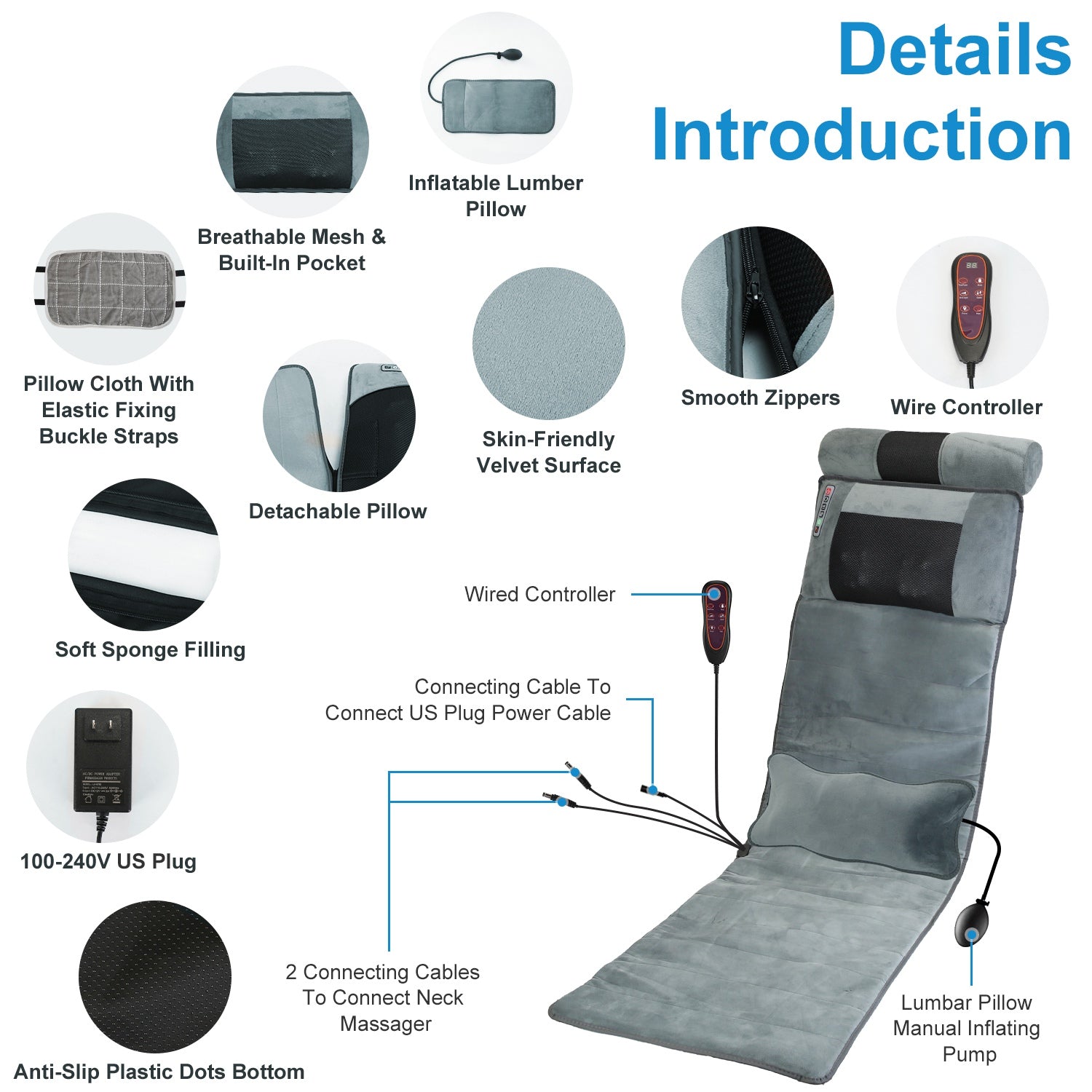 Massage mat detail view: detachable pillow, mesh cover, smooth zippers, anti-slip bottom