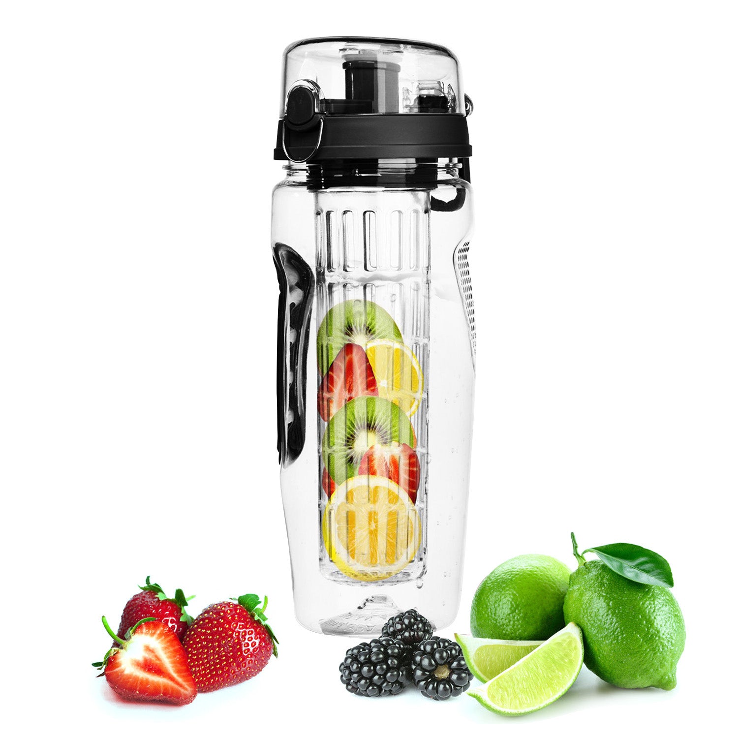 32oz fruit infuser water bottle, clear body with black flip-top and infuser basket
