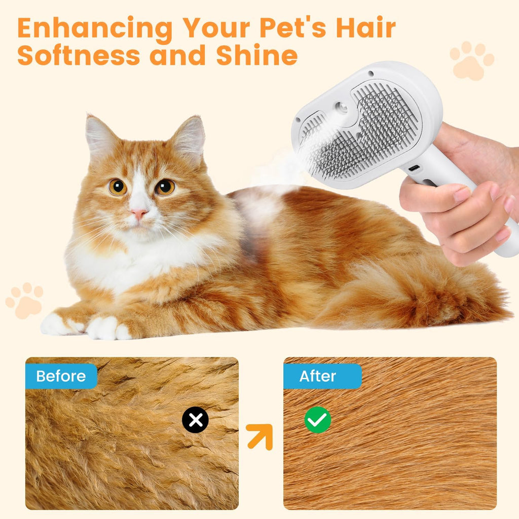 White pet spray brush in hand, oval bristle head with metal pins for grooming