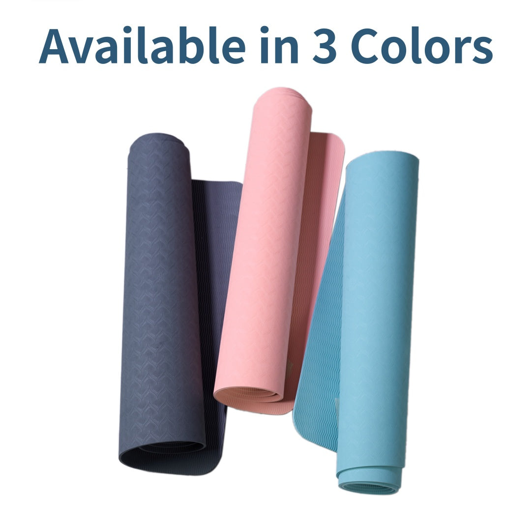 Yoga mats in three colors: pink, light teal, and dark gray