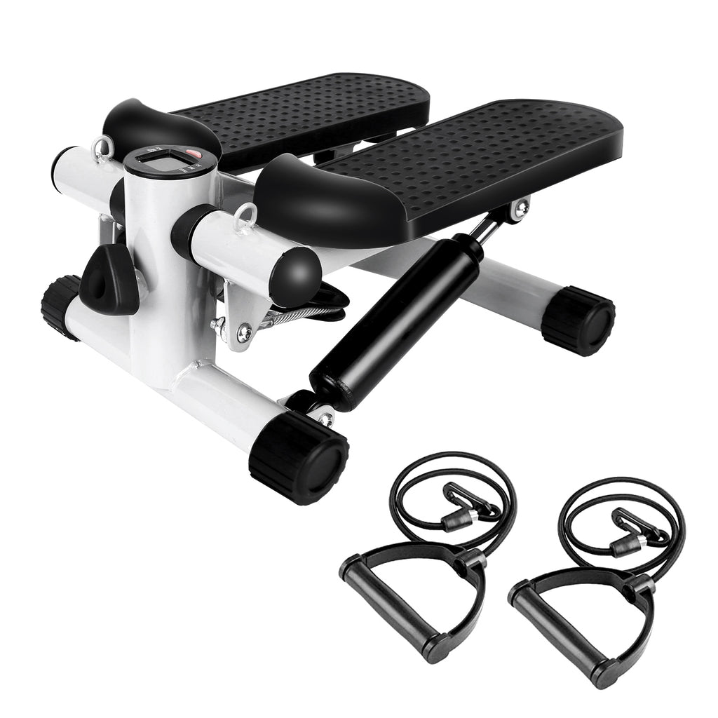 Mini fitness stepper in silver with black footplates, LCD, and included resistance bands