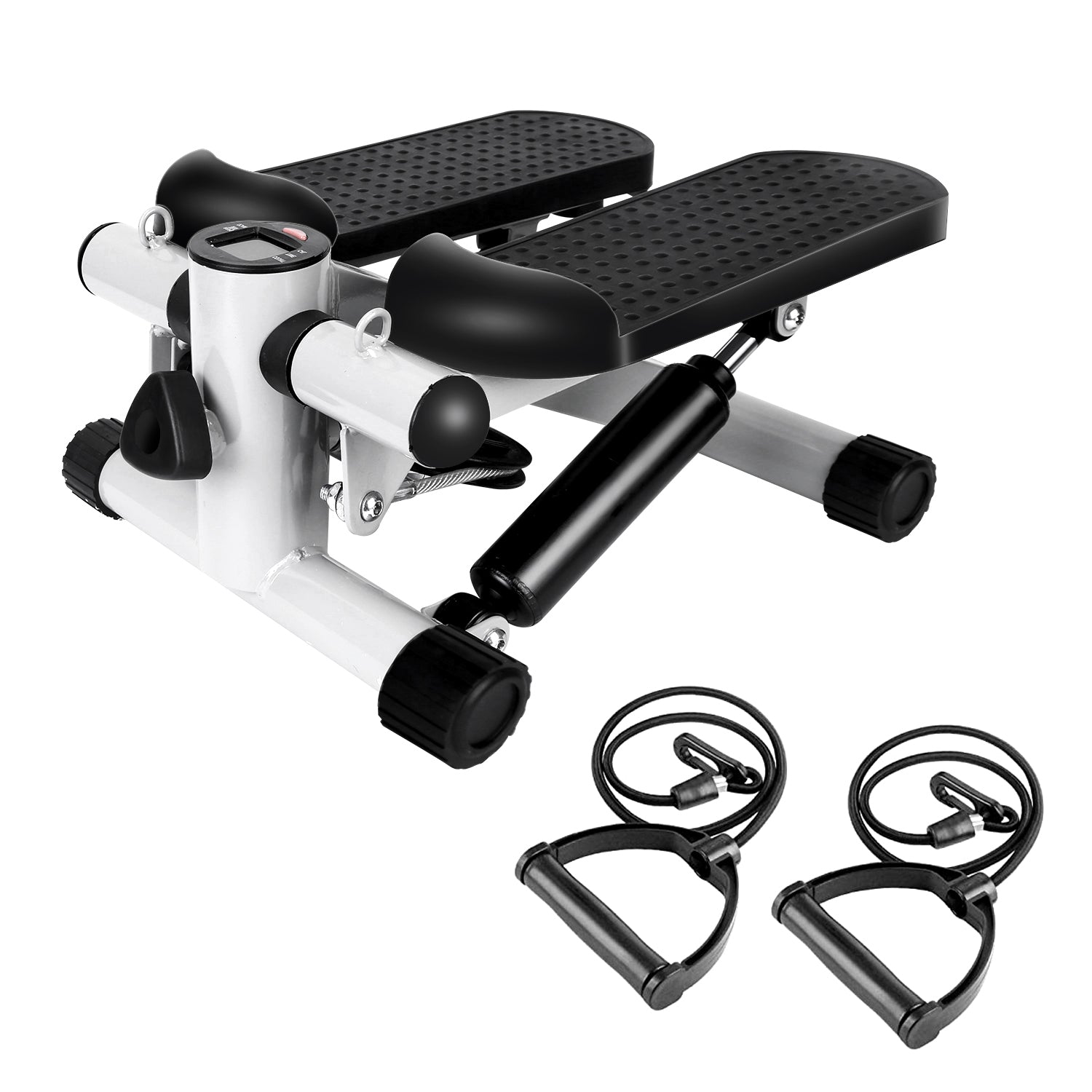 Mini fitness stepper in silver with black footplates, LCD, and included resistance bands