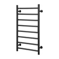 Black wall-mounted heated towel rack with side knobs and horizontal warming bars