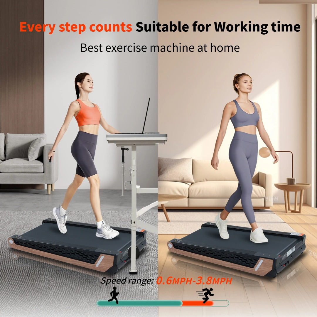 Under-desk walking pad treadmill, black deck with wood side panels