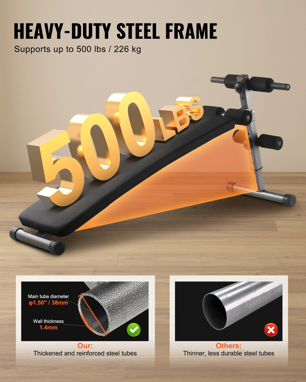 Heavy-duty steel framed ab bench with black padded seat and end rollers