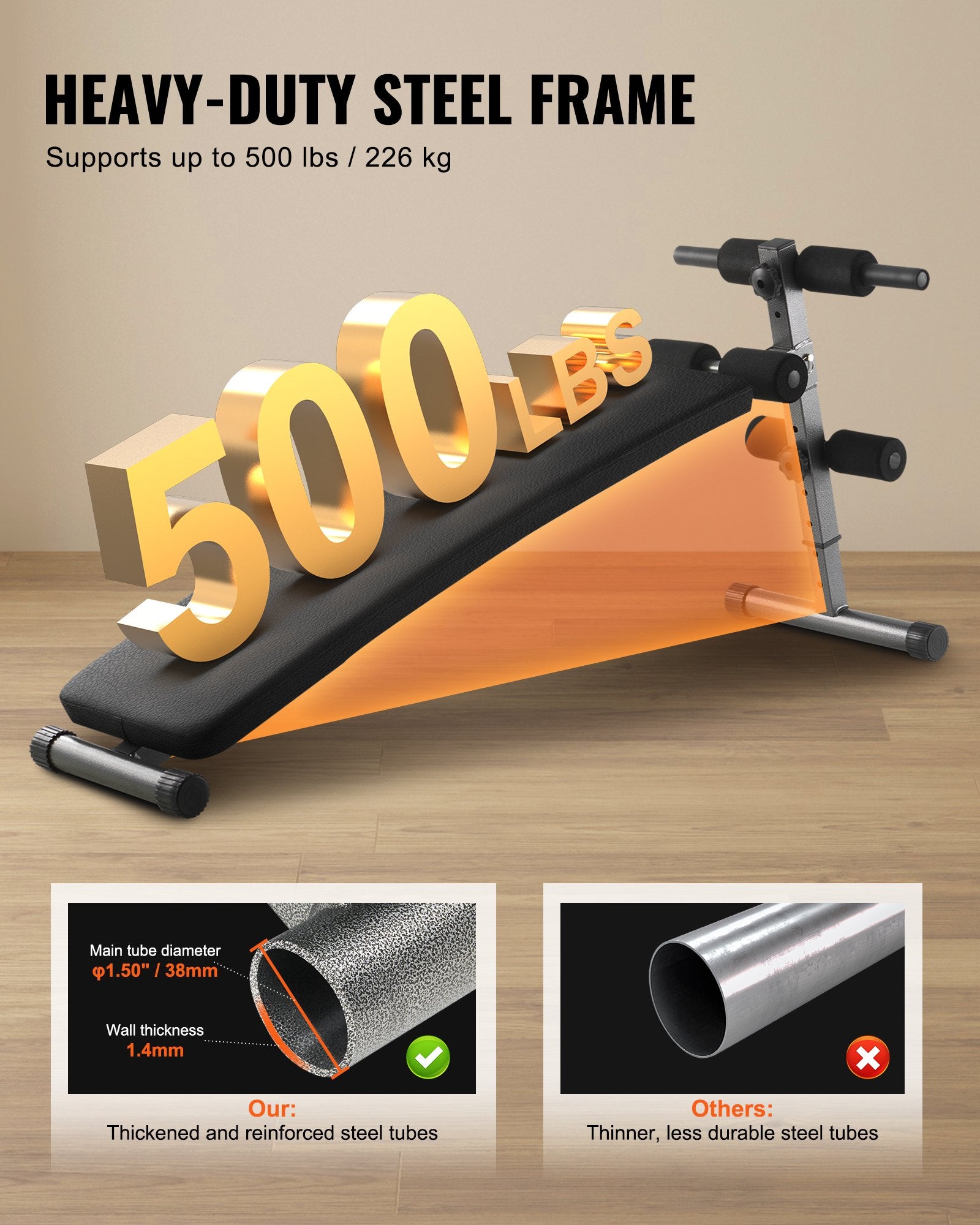 Heavy-duty steel framed ab bench with black padded seat and end rollers