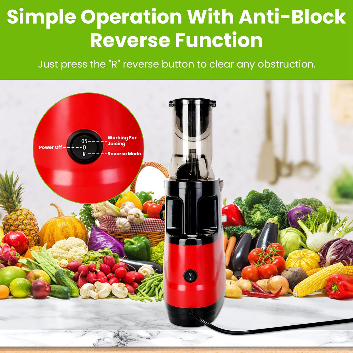 Red cold press juicer with reverse-mode dial and clear chute assembly on top.