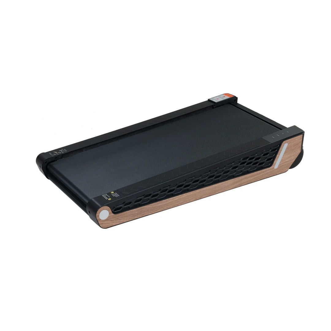 Portable incline walking pad treadmill, black deck with wood side base and console