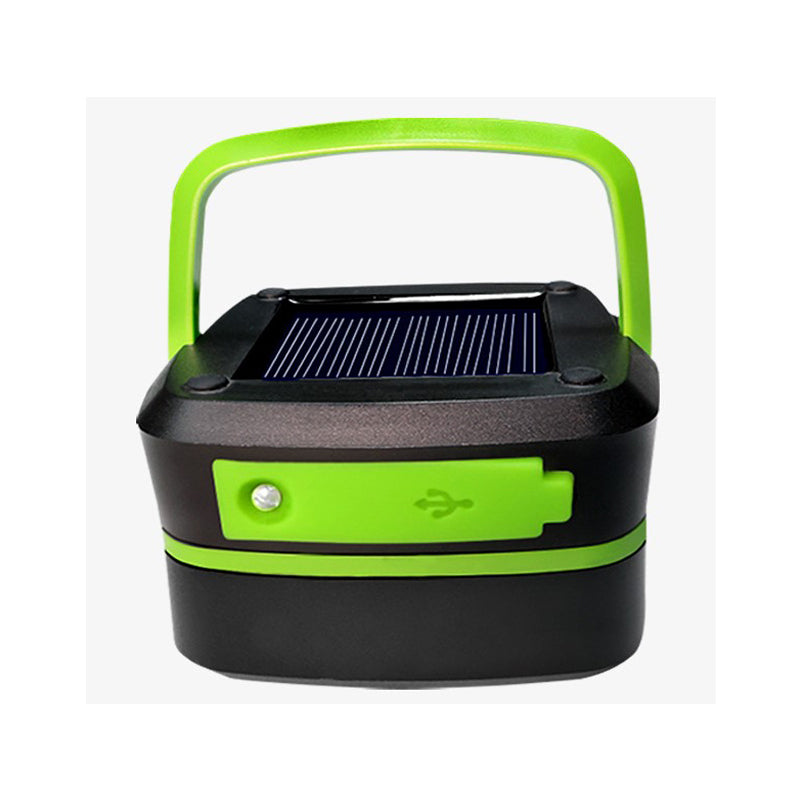 Foldable solar camping lantern with solar panel, green control strip, and black carry handle