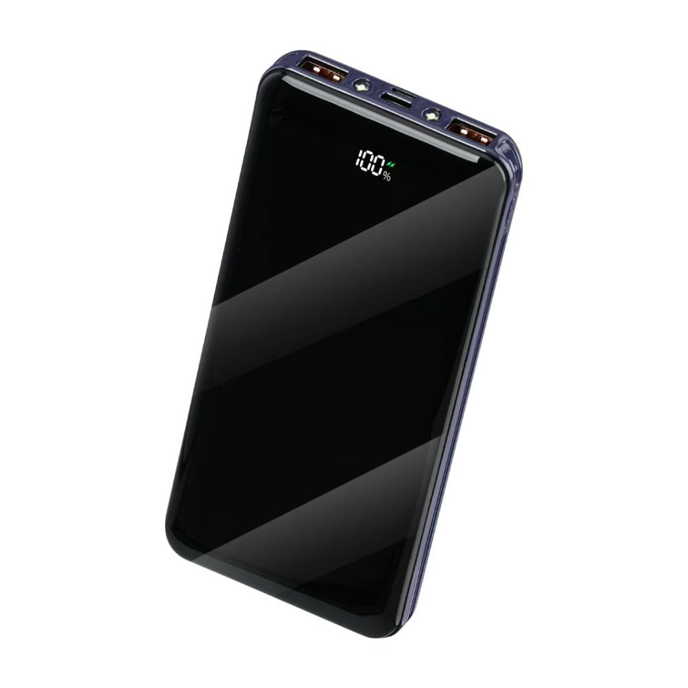 Portable power bank in royal blue with dual USB ports and battery level % display