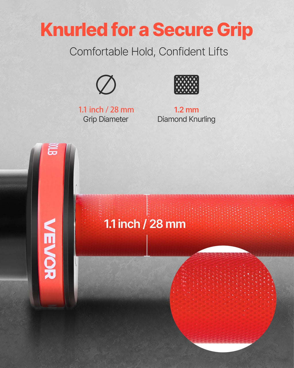 Olympic barbell bar with red knurled grip and textured diamond pattern on handle