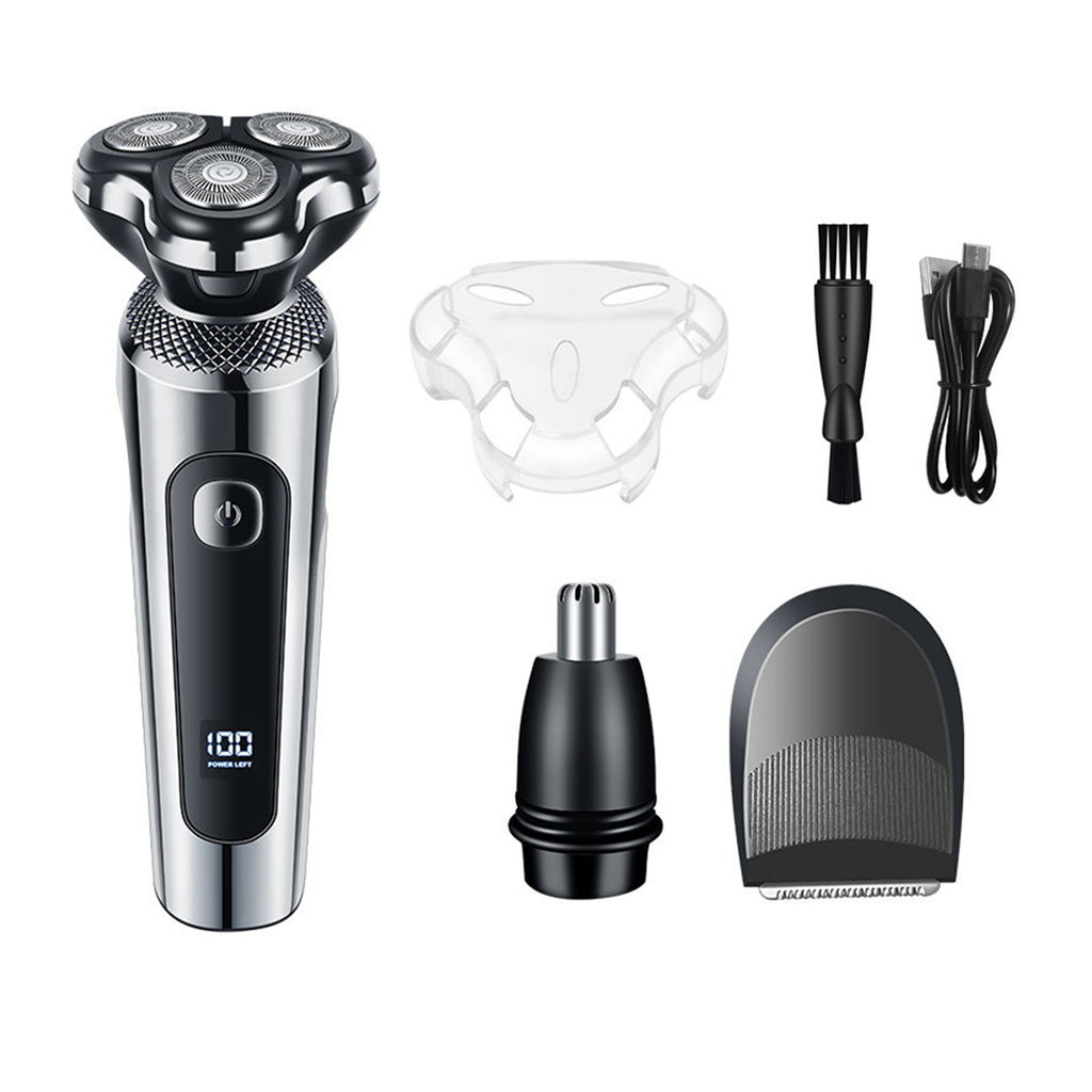 Rechargeable men's grooming kit with shaver, guards, trimmer, comb and cable