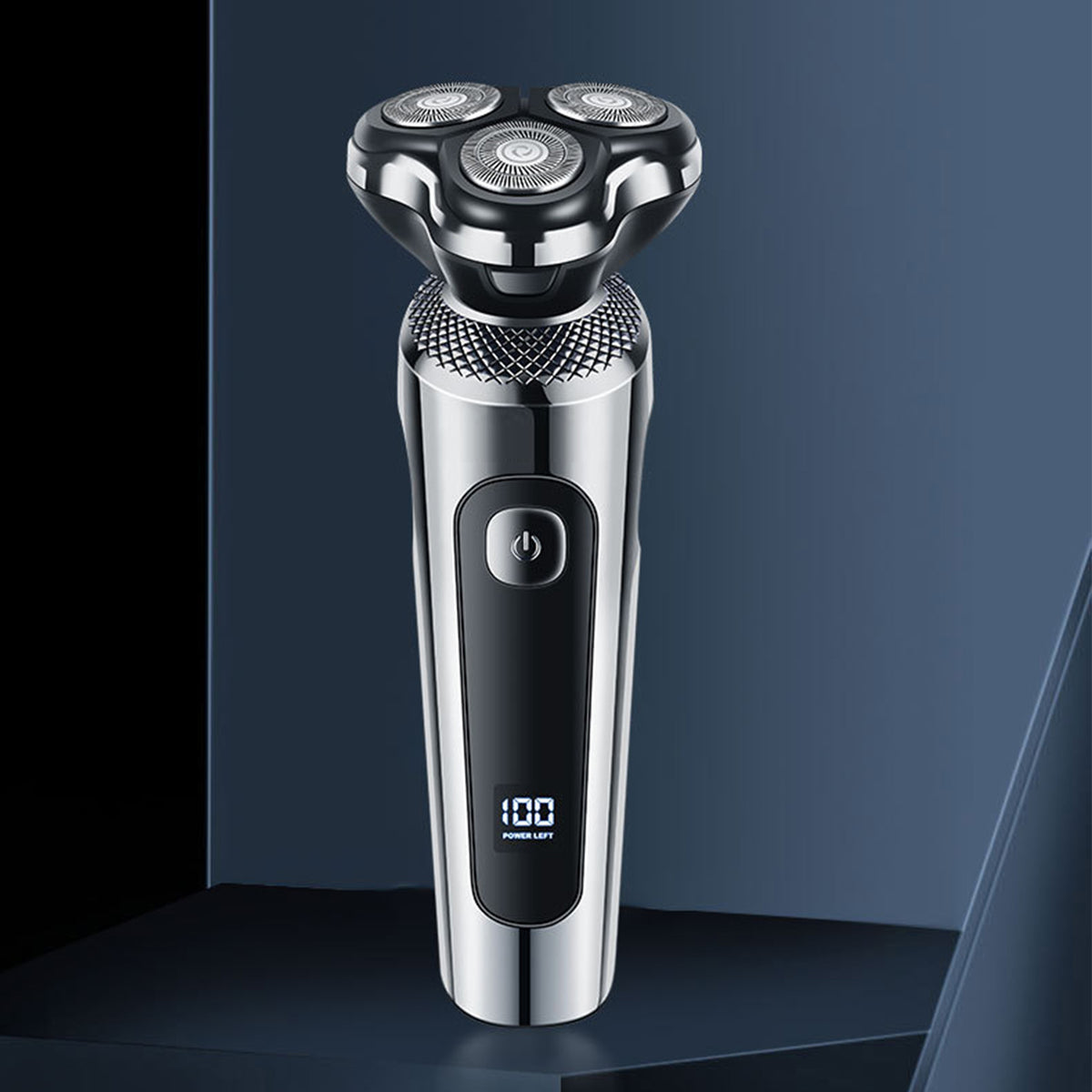 Rechargeable men's shaver with three heads and battery power display