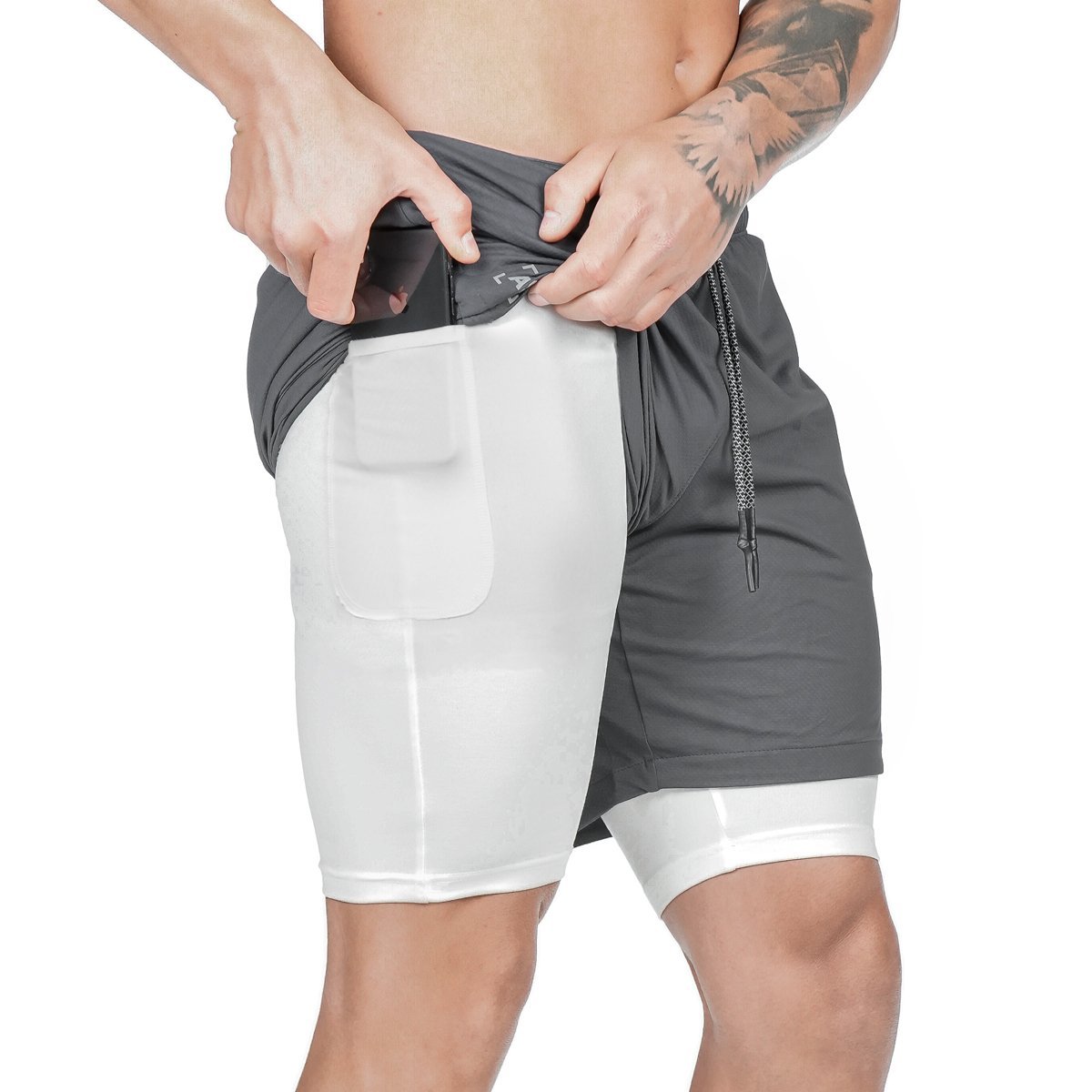 Men's dark gray athletic shorts with front pocket and adjustable drawstring cords