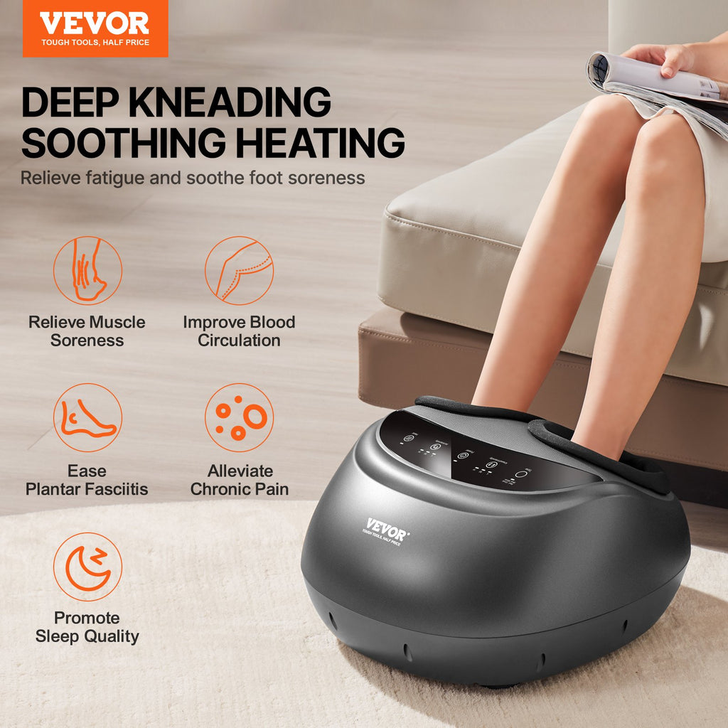 Black foot massager with heat feature while legs rest on the kneading base