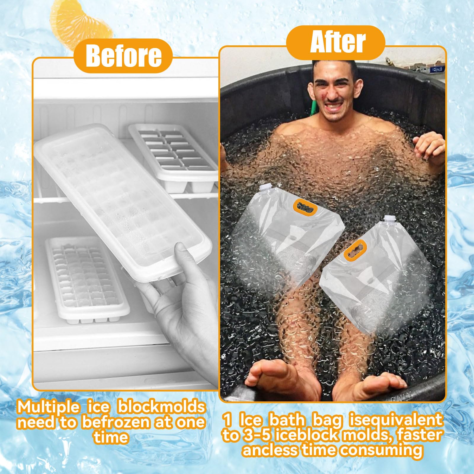 Two ice bath bags with orange handles floating in cold plunge water