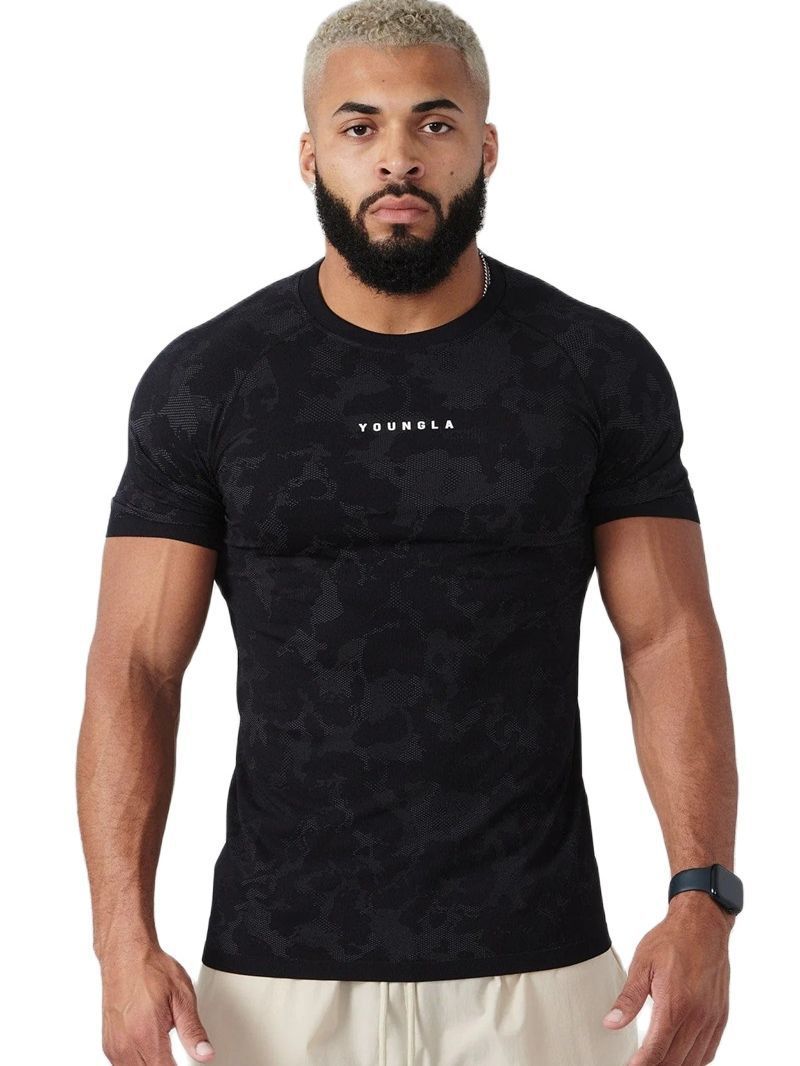 Men's black camouflage athletic t-shirt, short sleeves crew neck