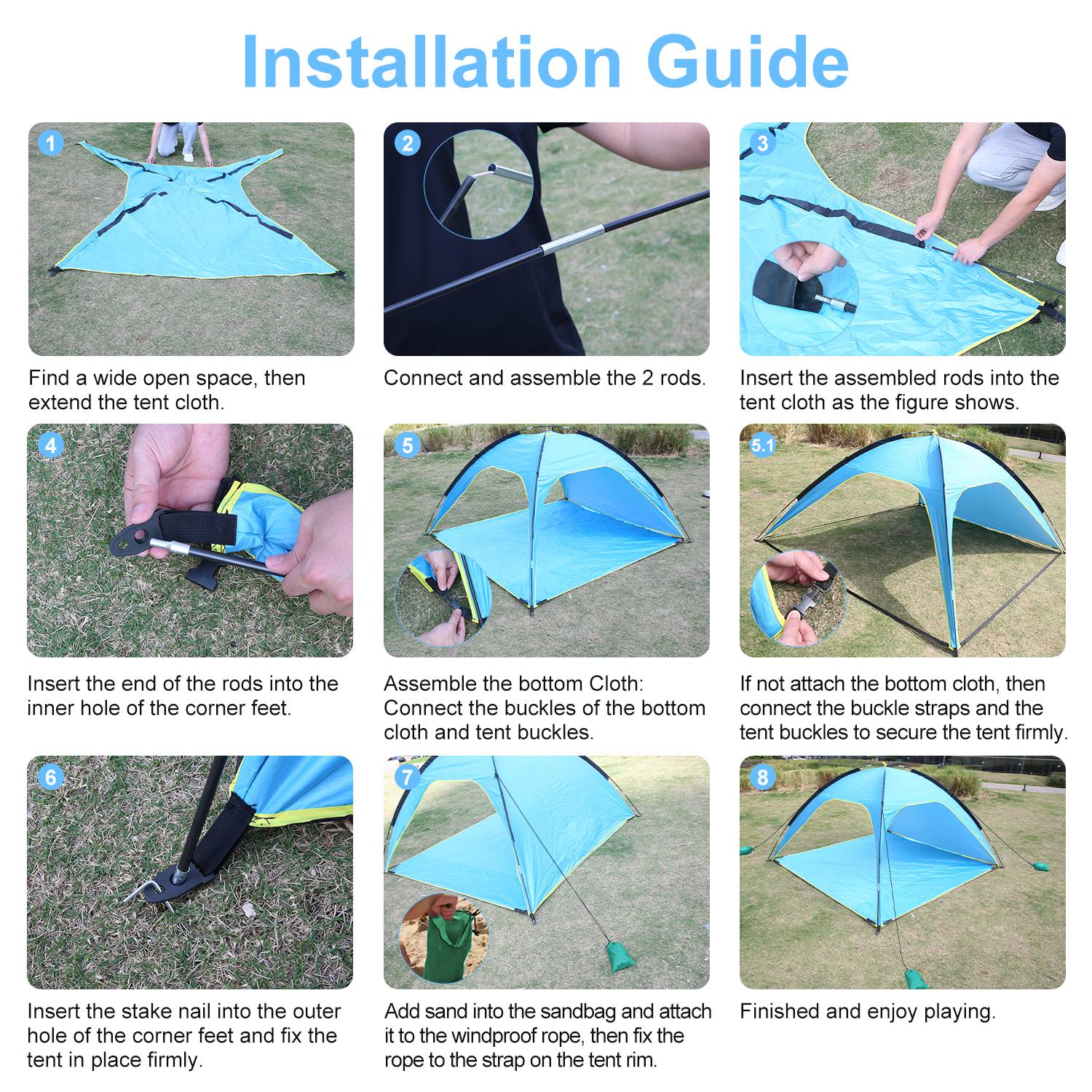 Blue beach tent canopy assembly steps with rods, stakes, straps, and bottom cloth shown.