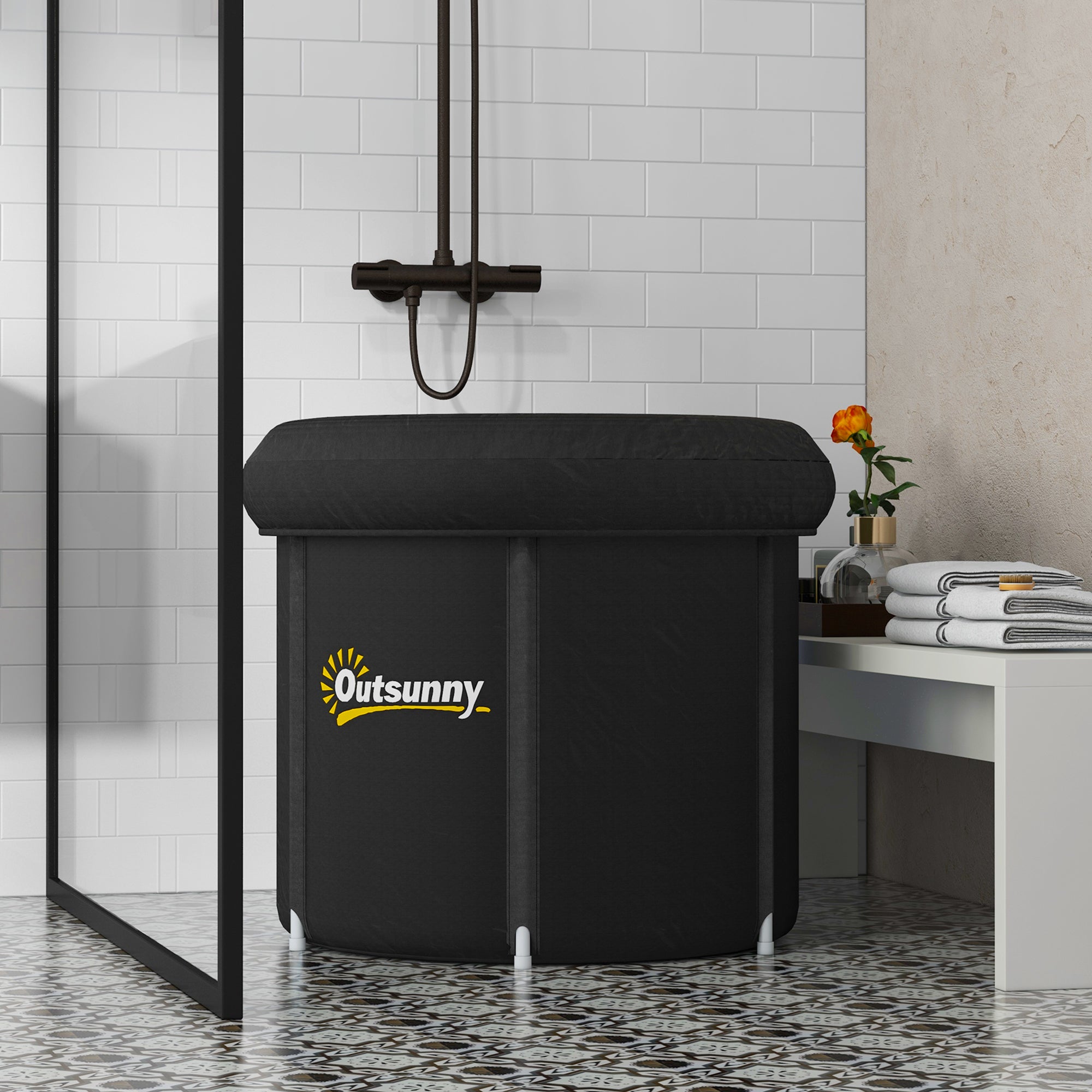 Black portable cold plunge tub with padded top cover and white inflatable thermo lid