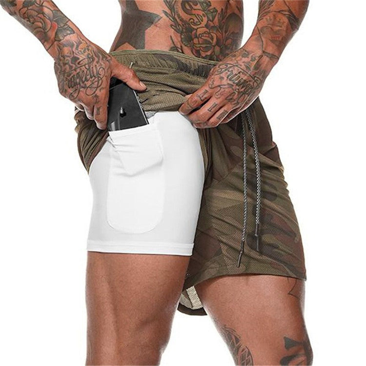Men’s quick-dry athletic shorts in olive green with front phone pocket and drawstring