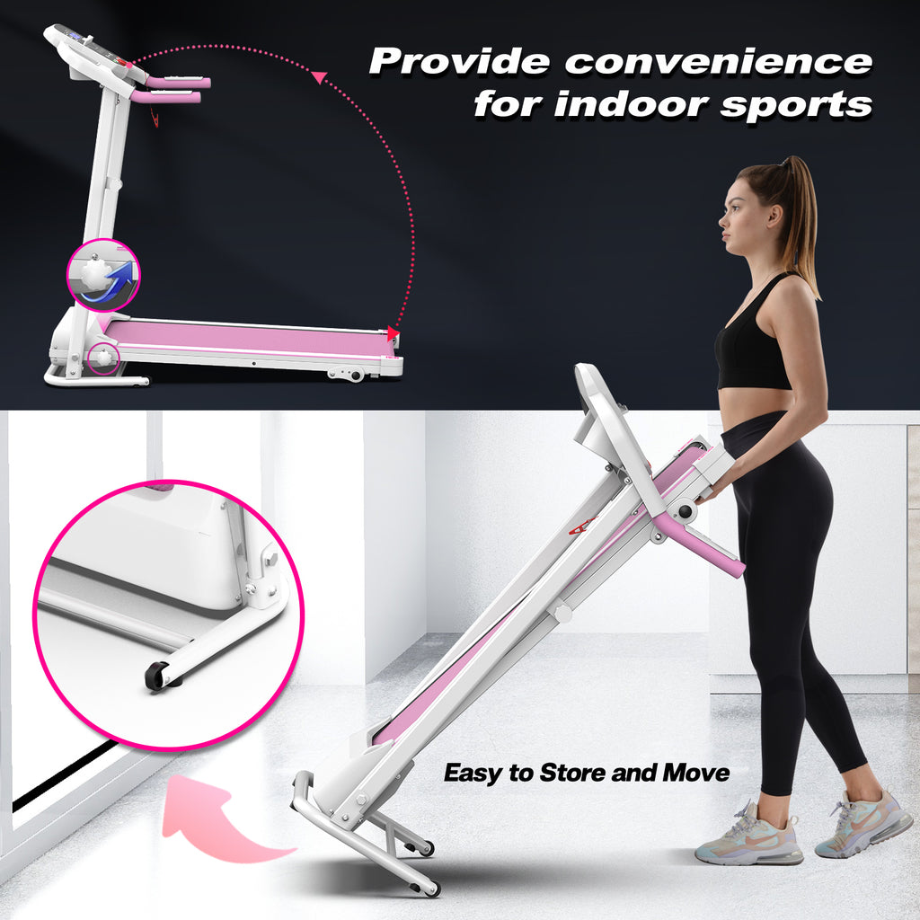 Folding treadmill with pink deck, white frame, and side handlebar controls