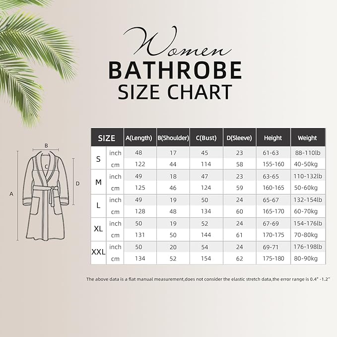 Women’s bathrobe size chart with measurements for S, M, L, XL, XXL