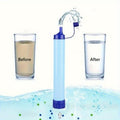Blue portable water purifier with hose, dispensing purified water into cups.