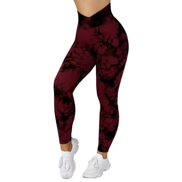 High-waist tie-dye seamless leggings in burgundy with black abstract pattern