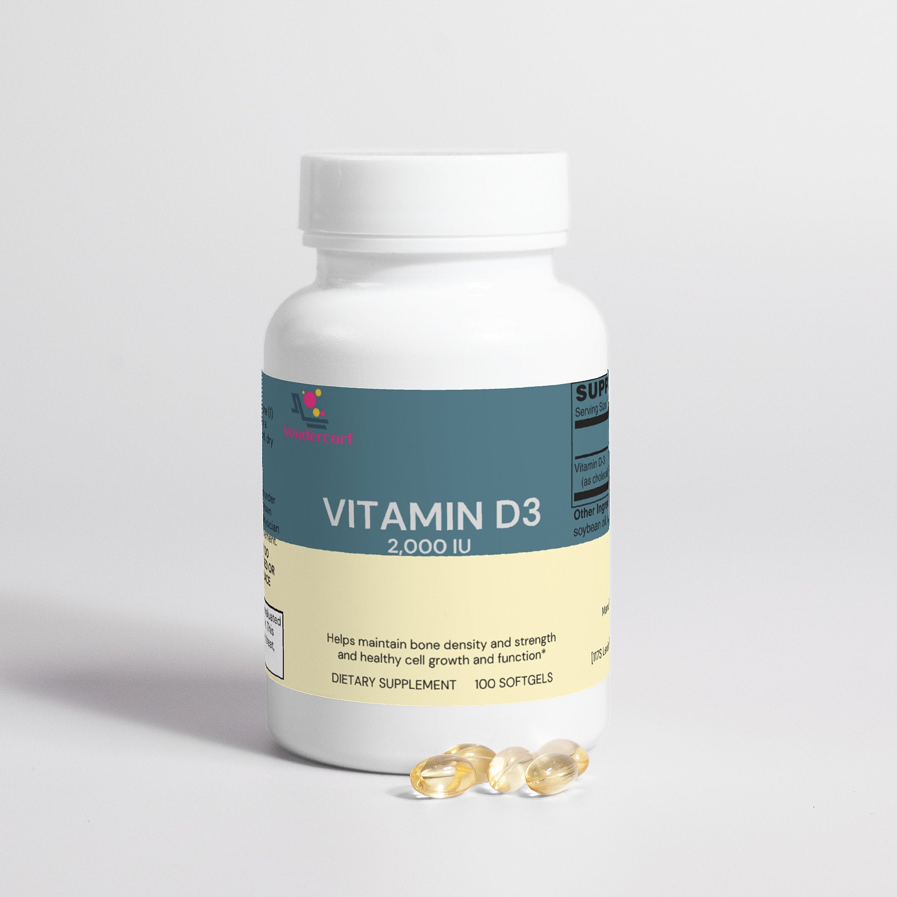 Vitamin D3 2000 IU supplement bottle with blue-and-yellow label