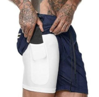 Men's navy blue athletic shorts with front pocket opening and drawstring waist