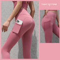 High-waist seamless leggings in pink with side phone pocket, close-up of hip and thigh