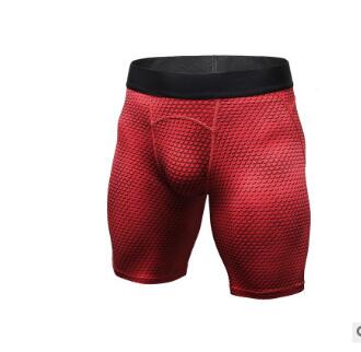 Red compression gym shorts with mesh texture and built-in liner