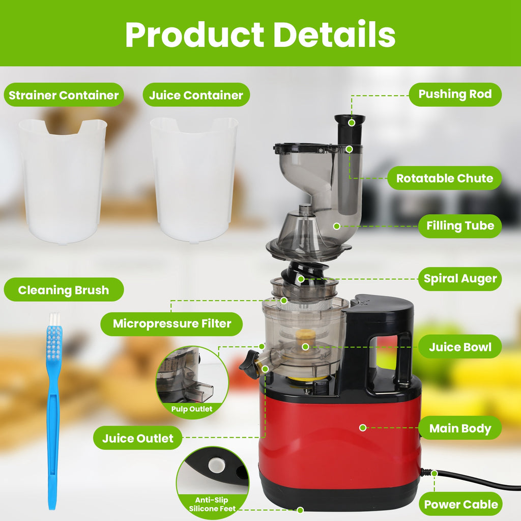 Red cold press juicer with clear juice bowl and filter components plus cleaning brush.
