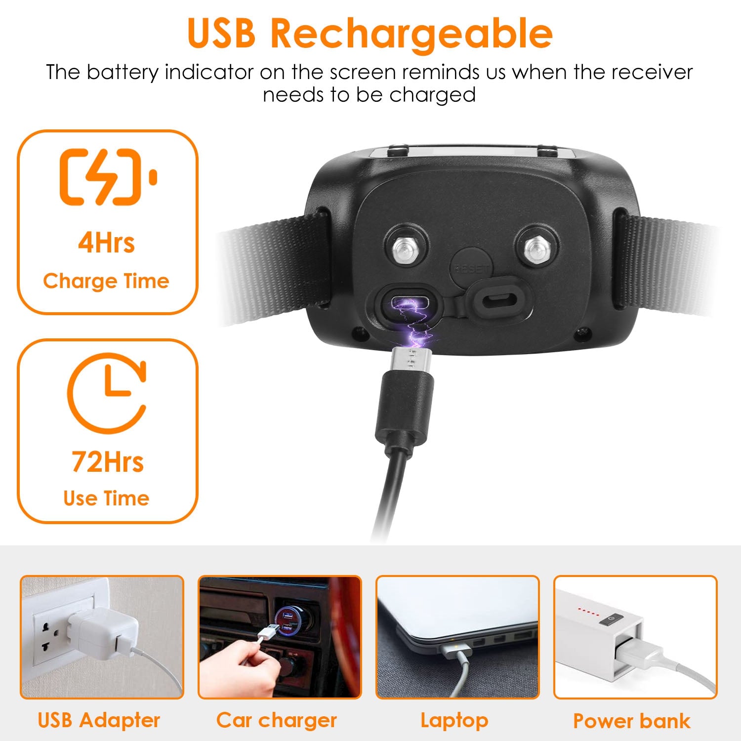 Black USB rechargeable GPS dog fence receiver with rear charging port and strap