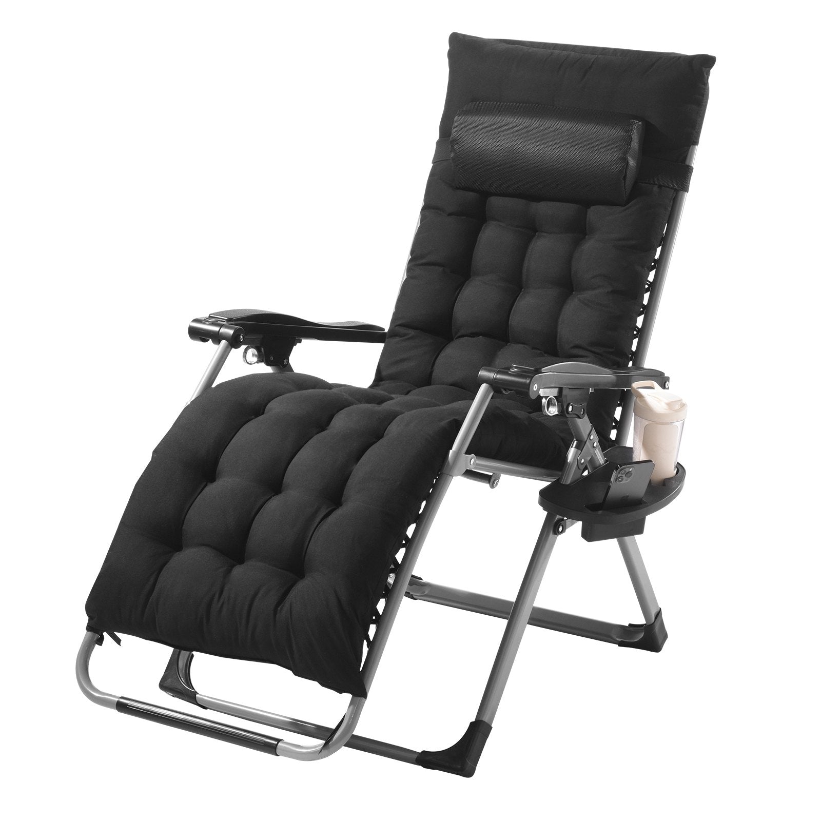 Black padded zero-gravity recliner chair with arched armrest and head cushion.