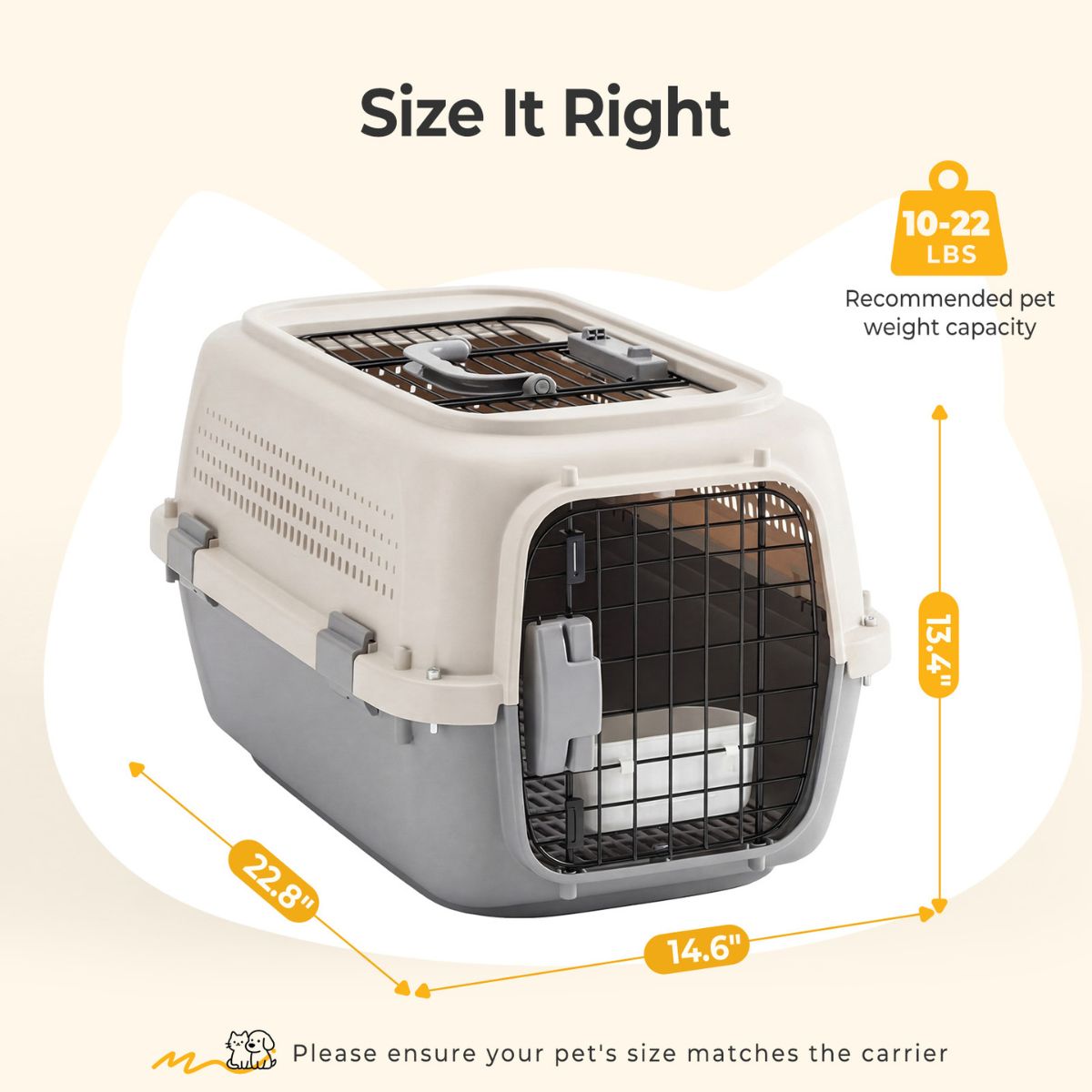 Hard-sided pet carrier with front wire door, side latches, and top ventilation, white and gray
