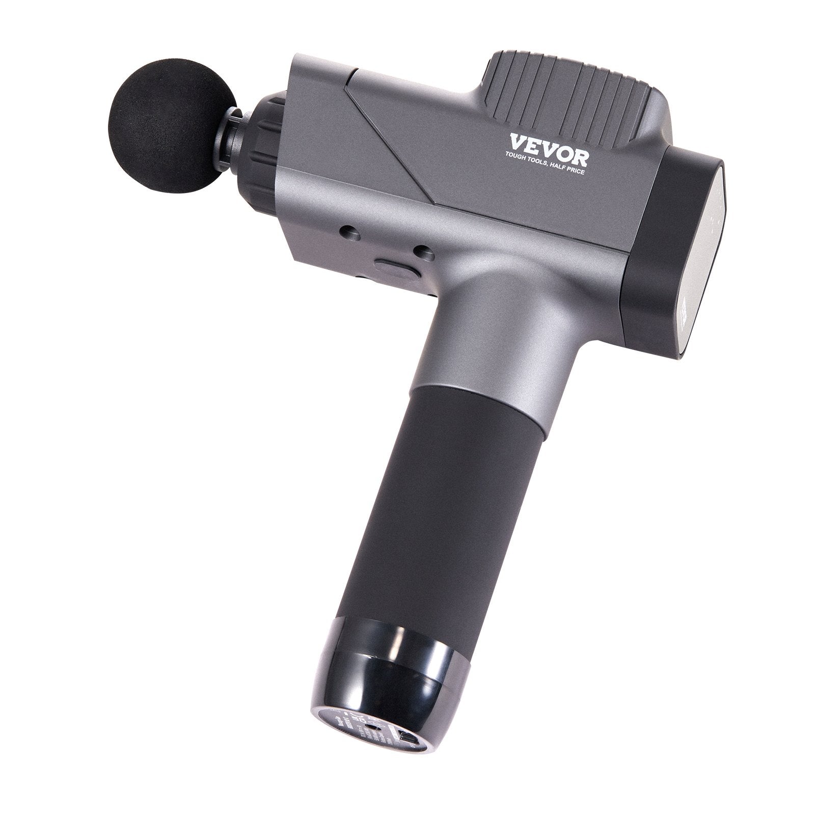 Grey percussion massage gun with round attachment and textured handle grip
