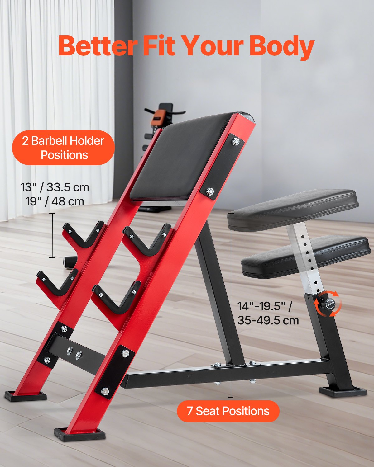 Adjustable preacher curl bench with black incline pad and multiple barbell holder positions