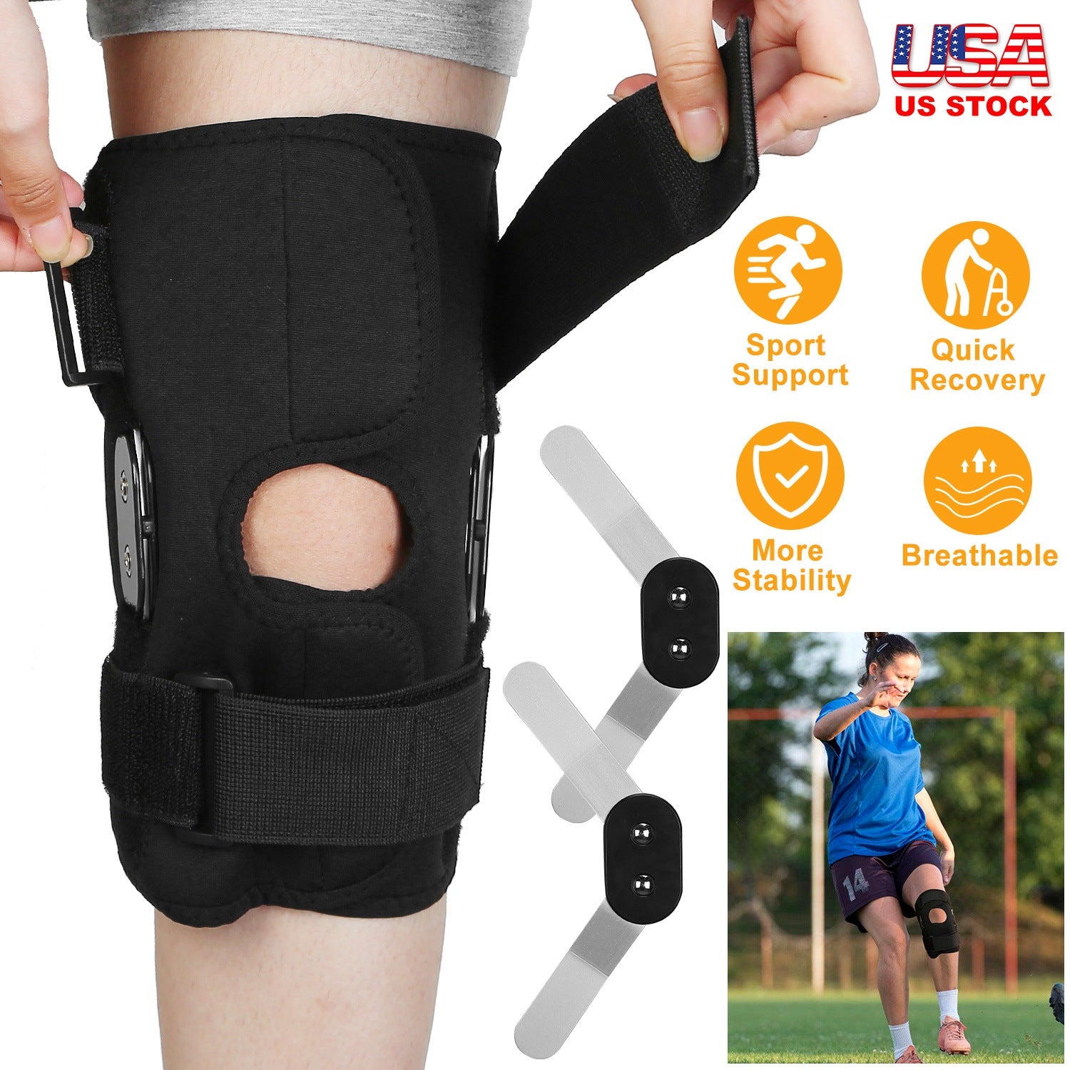 Black adjustable open-knee knee sleeve with hinged supports and side straps